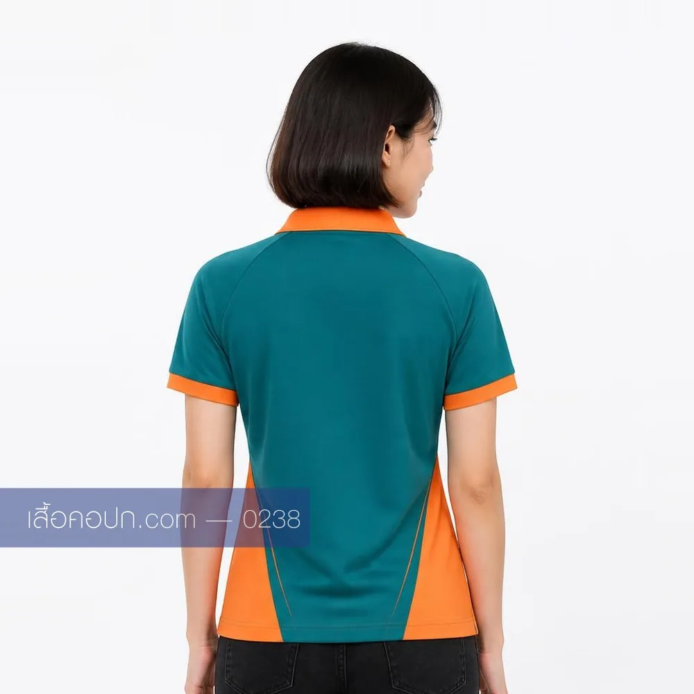 เสื้อโปโลเขียวน้ำทะเลเข้ม ปกส้ม ต่อข้างส้ม ด้านหลัง