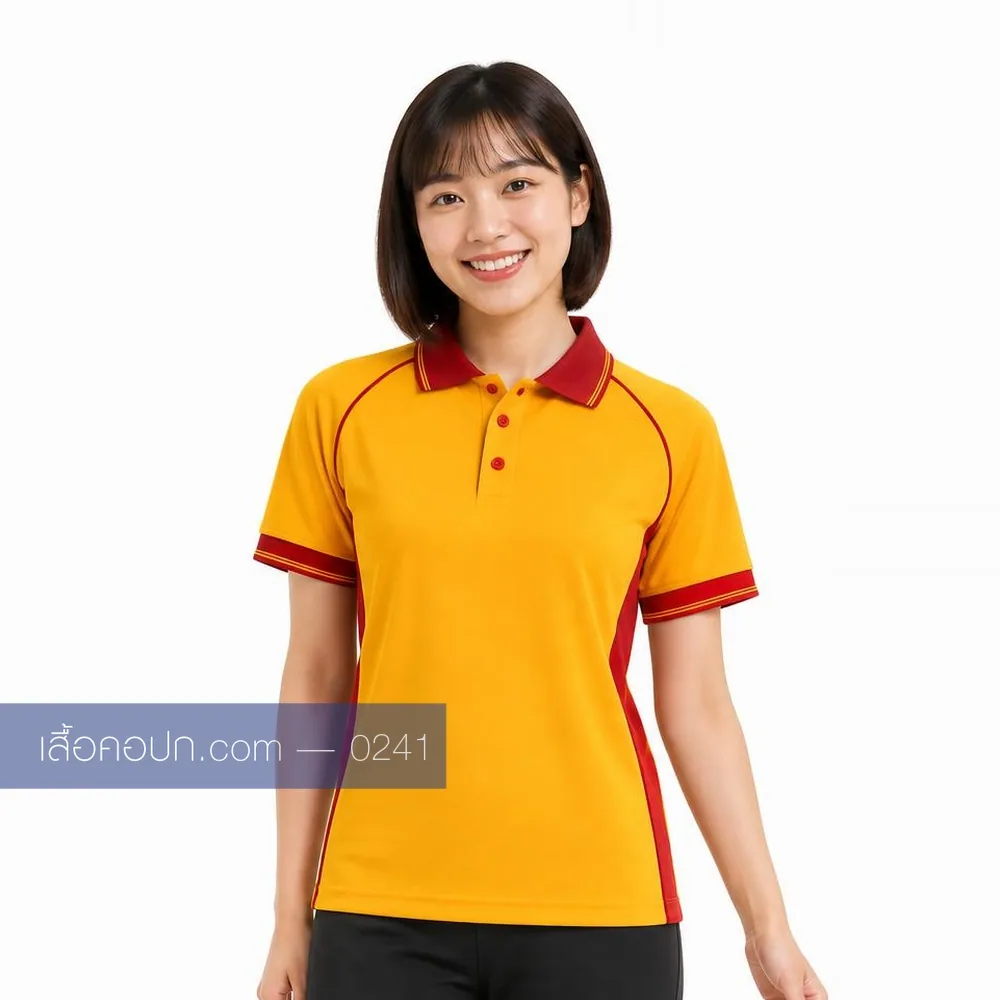 เสื้อโปโลเหลืองสด ปกแดง ขลิบบ่าแดง ทรงหญิง ด้านหน้า