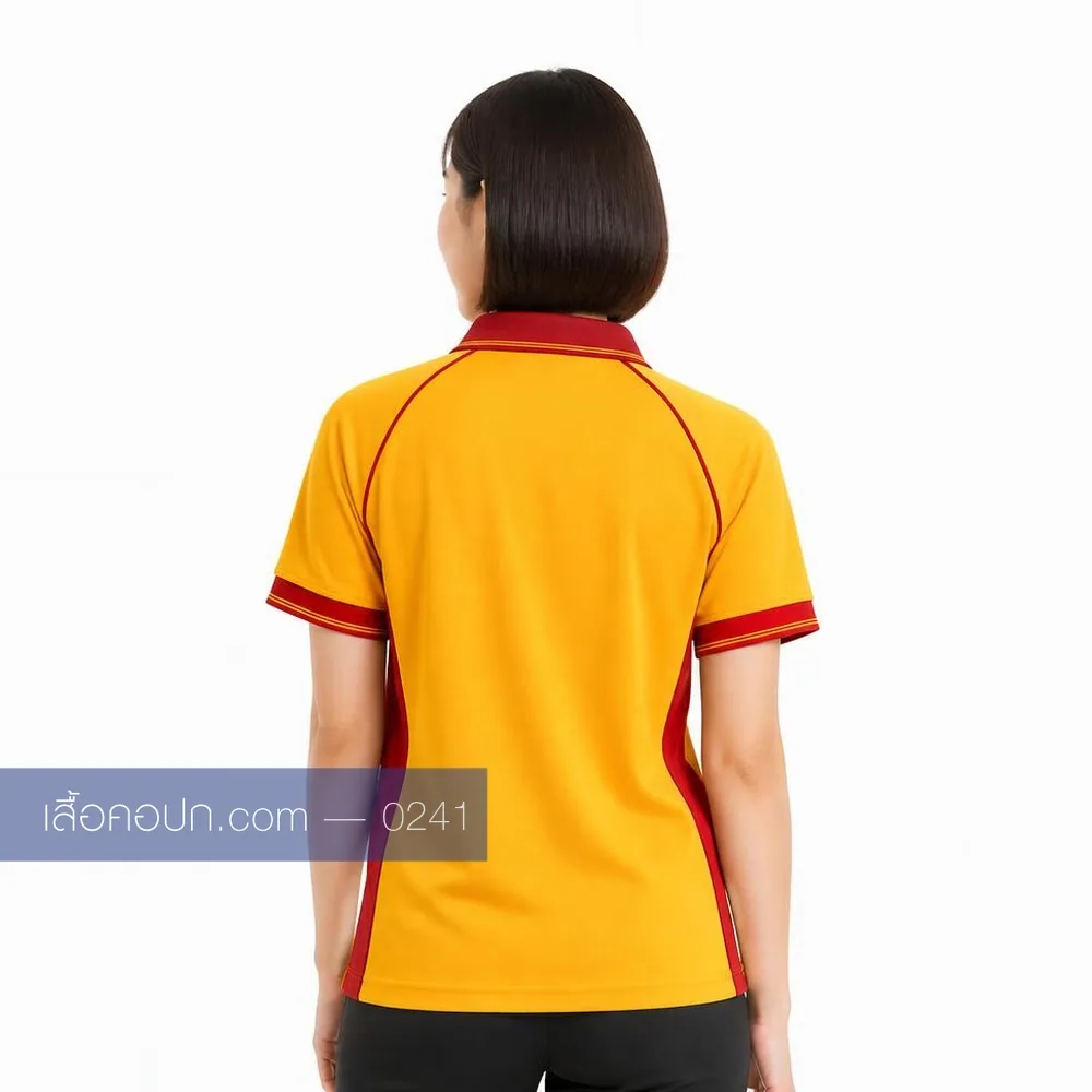 เสื้อโปโลเหลืองสด ปกแดง ขลิบบ่าแดง ทรงหญิง ด้านหลัง