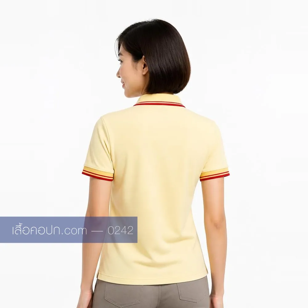 เสื้อโปโลครีม ปกแดง ขลิบแขนแดง ด้านหลัง