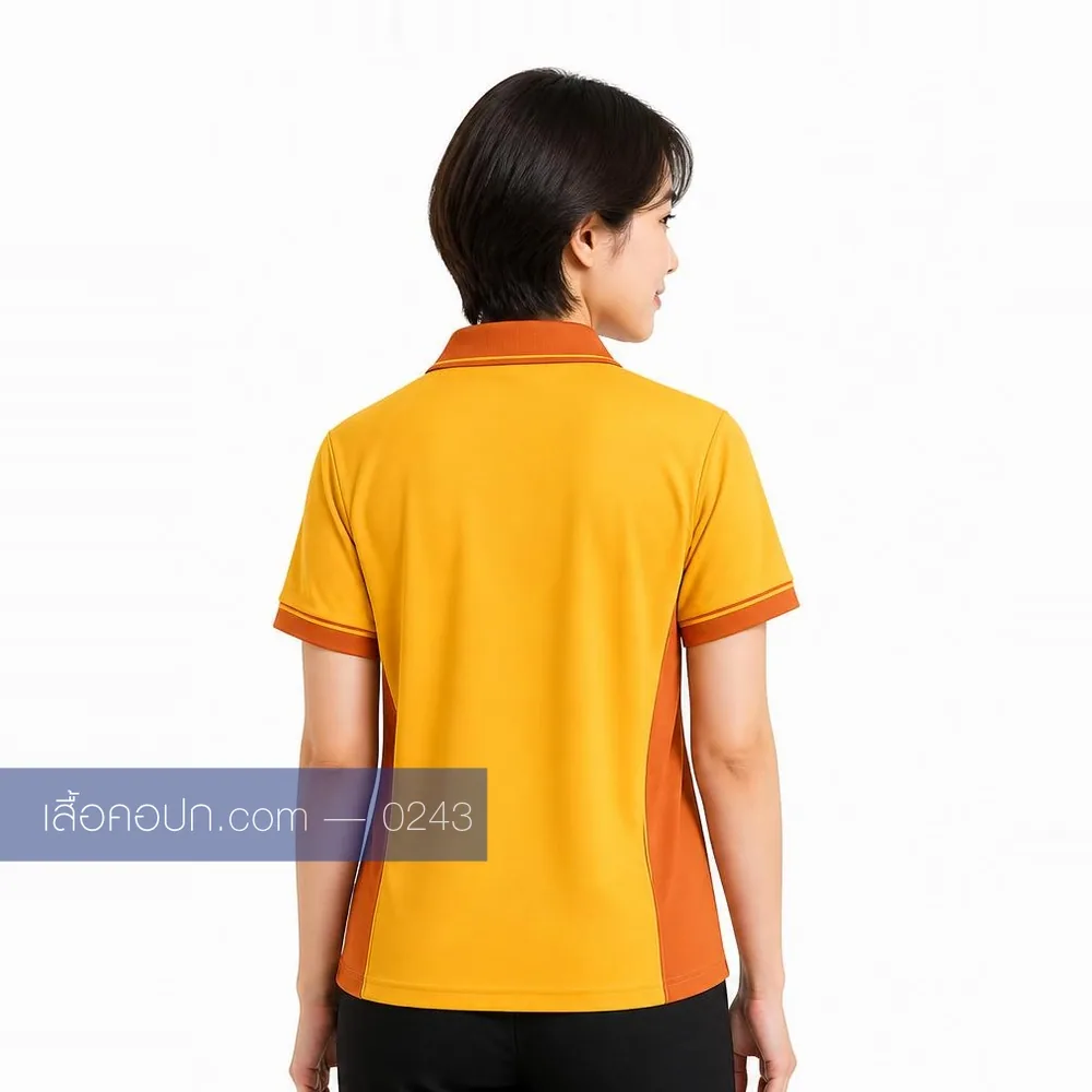 เสื้อโปโลเหลืองทอง ปกส้มสด ขลิบแขนส้ม ด้านหลัง