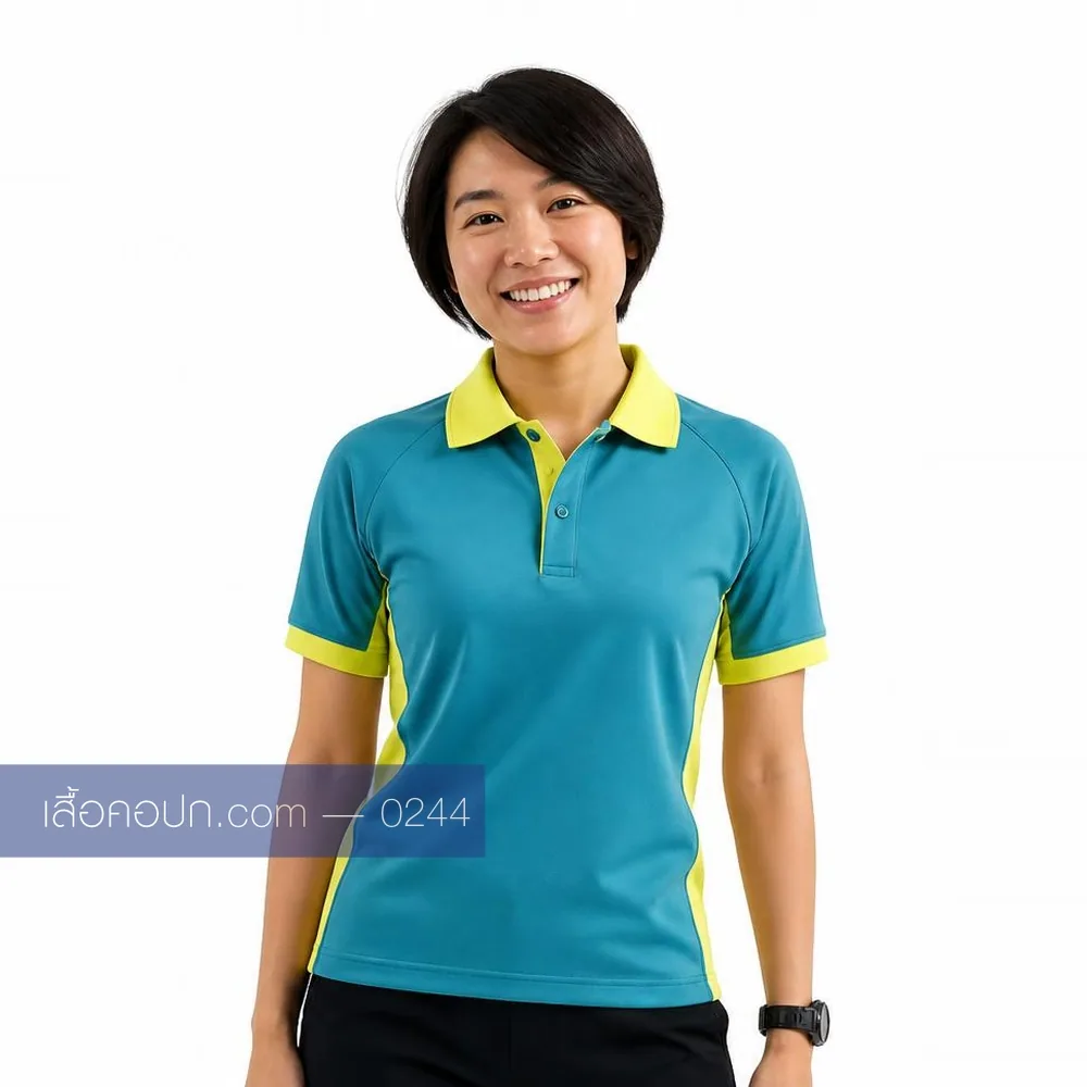 เสื้อโปโลเขียวน้ำทะเล ปกเขียวมะนาว ต่อข้างเขียวมะนาว ด้านหน้า