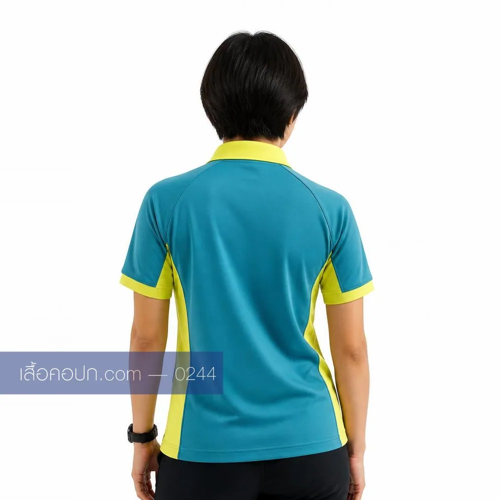 เสื้อโปโลเขียวน้ำทะเล ปกเขียวมะนาว ต่อข้างเขียวมะนาว ด้านหลัง