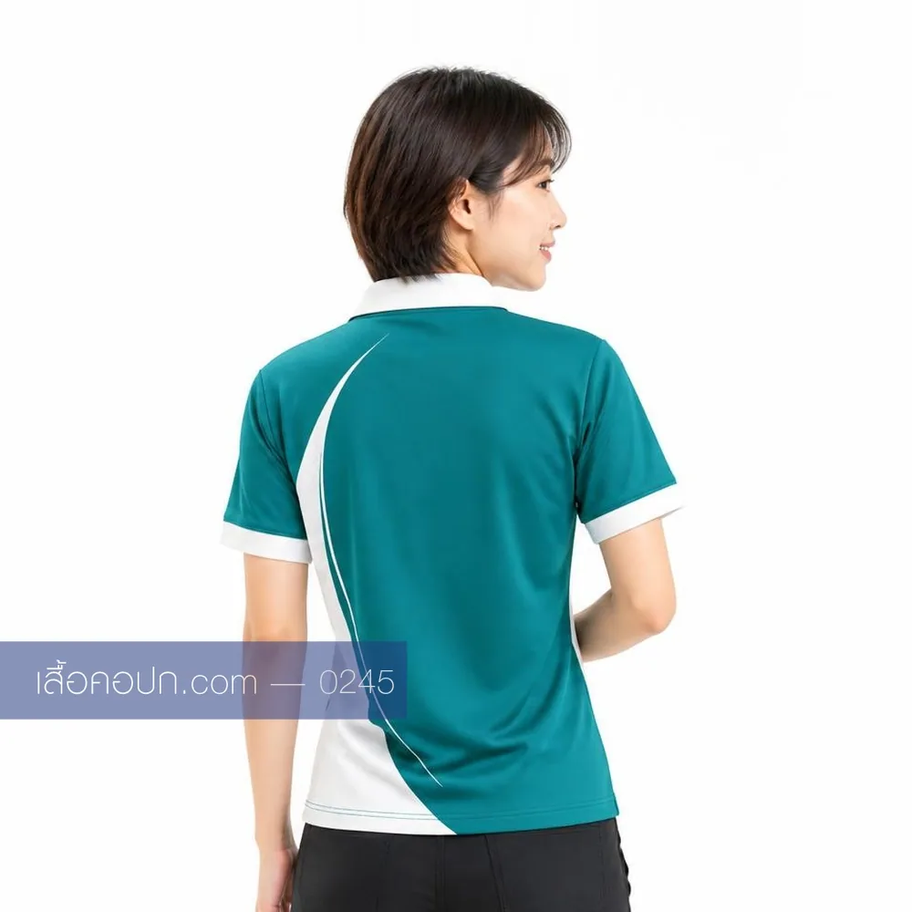 เสื้อโปโลเขียวน้ำทะเล ปกขาว ต่อข้างขาว ทรงหญิง ด้านหลัง